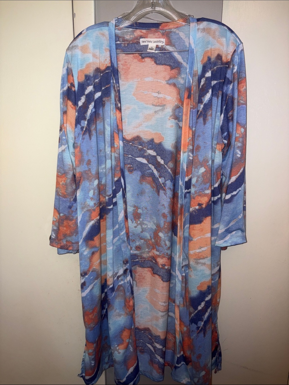 Soft Lightweight Duster Cardigan - Blue & Coral Abstract